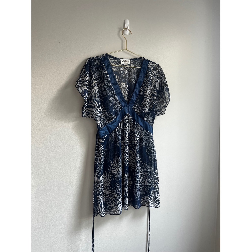Costa Blanca Navy Blue White Floral Sheer Chiffon Empire Waist Tunic Top Med Y2K
